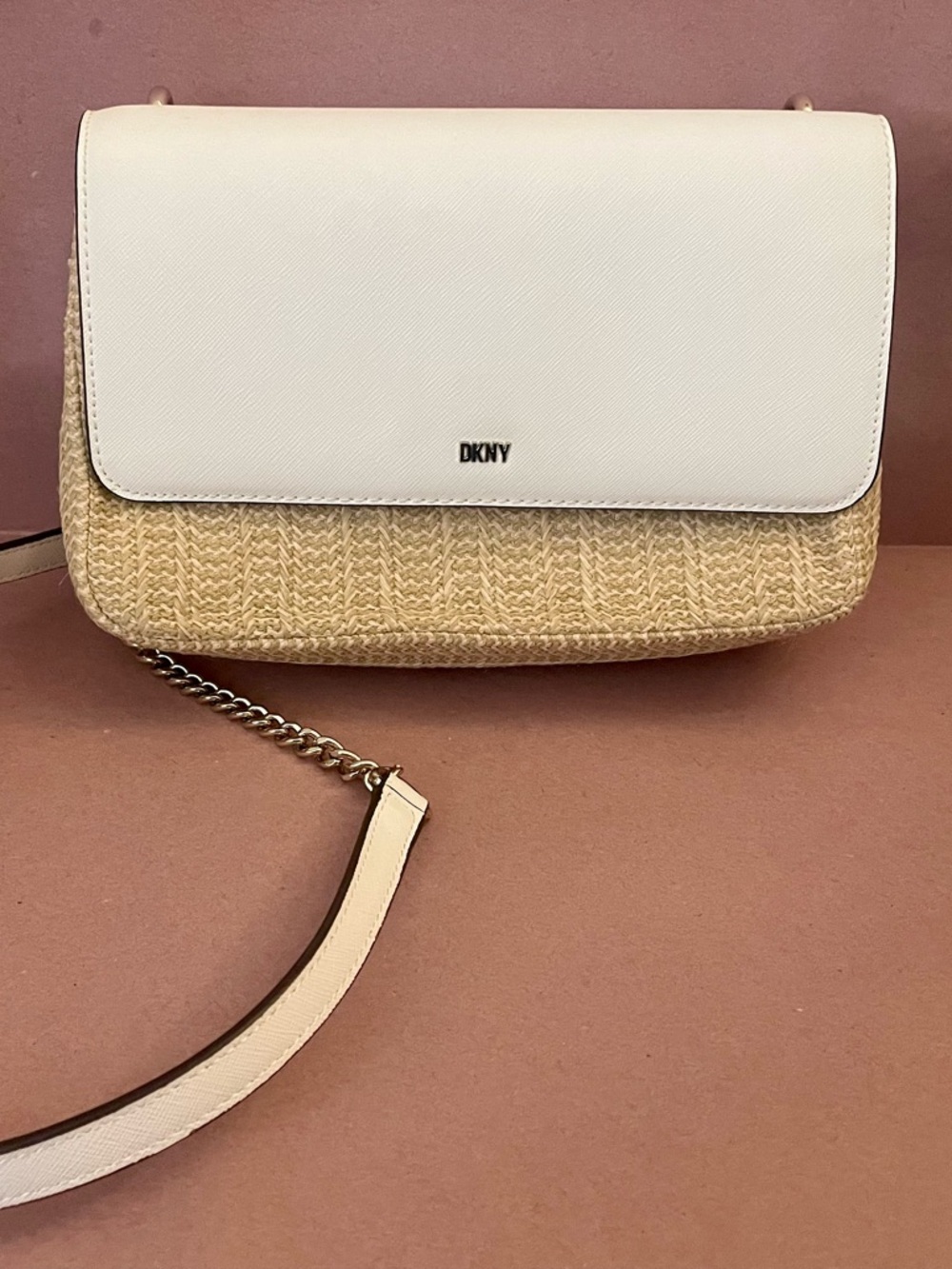 DKNY White Leather and Natural Straw Crossbody Bag